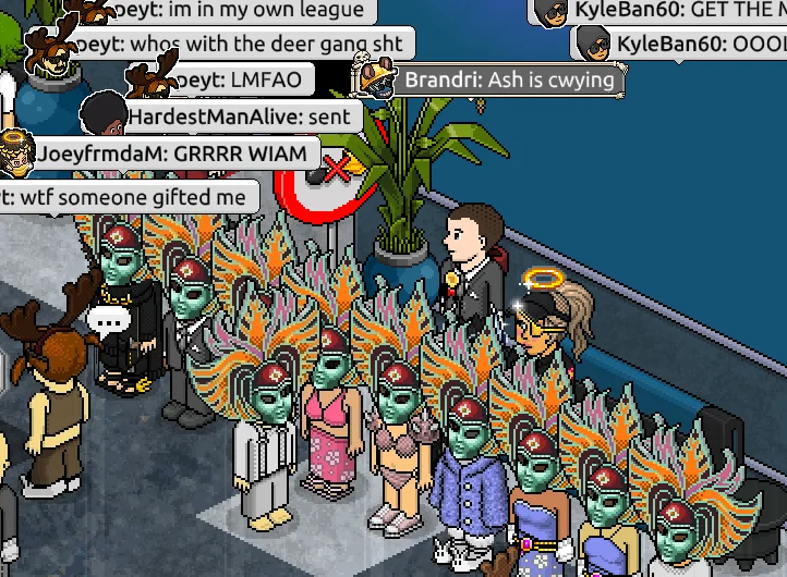 Habbo: social gathering with chat interaction.