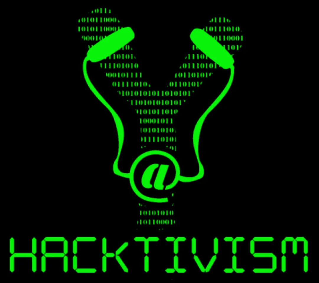 The 'Hacktivism' emblem combining binary code imagery with a stylized figure — a common visual symbol of hacktivist movements.