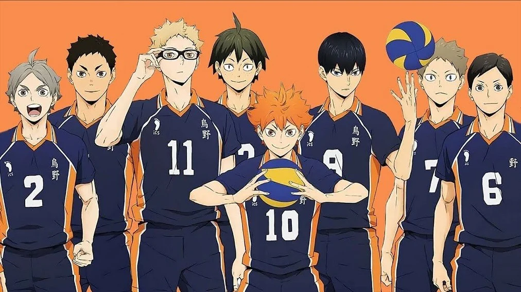 The Karasuno High volleyball team from the popular sports anime Haikyuu!!, featuring the show's main lineup including Hinata Shoyo (#10) and Kageyama Tobio (#9).