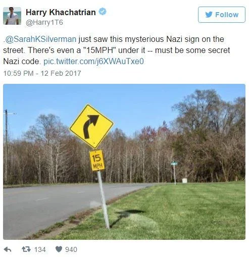A follow-up reply riffing on Silverman's viral tweet by identifying a mundane 15 MPH curve sign as a 'mysterious Nazi sign.'