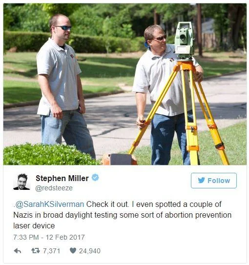 Stephen Miller's viral reply mocking Silverman's swastika-panic tweet by 'identifying' land surveyors as Nazis.