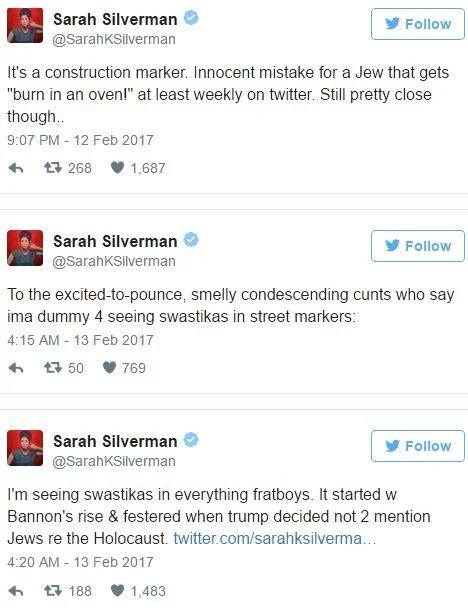 Silverman's follow-up tweets after being told the marks were construction markers, doubling down on the political framing.