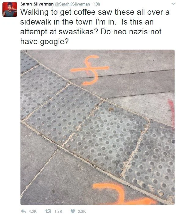 Sarah Silverman's February 2017 tweet mistaking orange construction survey markers for Nazi graffiti, which fed directly into the Hale Hortler joke format.