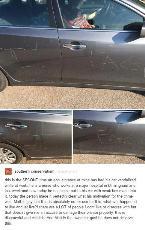 A widely circulated Tumblr post whose blurry car-door scratches were mocked online and helped spawn the 'Hale Hortler' style joke about badly rendered hate graffiti.