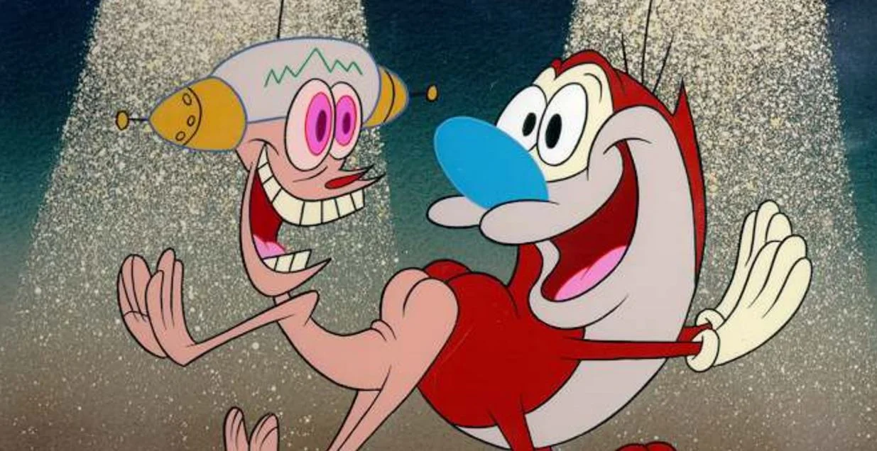 Ren and Stimpy dancing joyously during the iconic 'Happy Happy Joy Joy' scene, with Ren wearing the Happy Helmet.