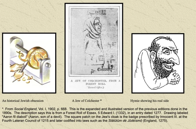 A comparison placing the Happy Merchant next to a 1277 English drawing of 'A Jew of Colchester', highlighting the caricature's roots in centuries-old antisemitic iconography.