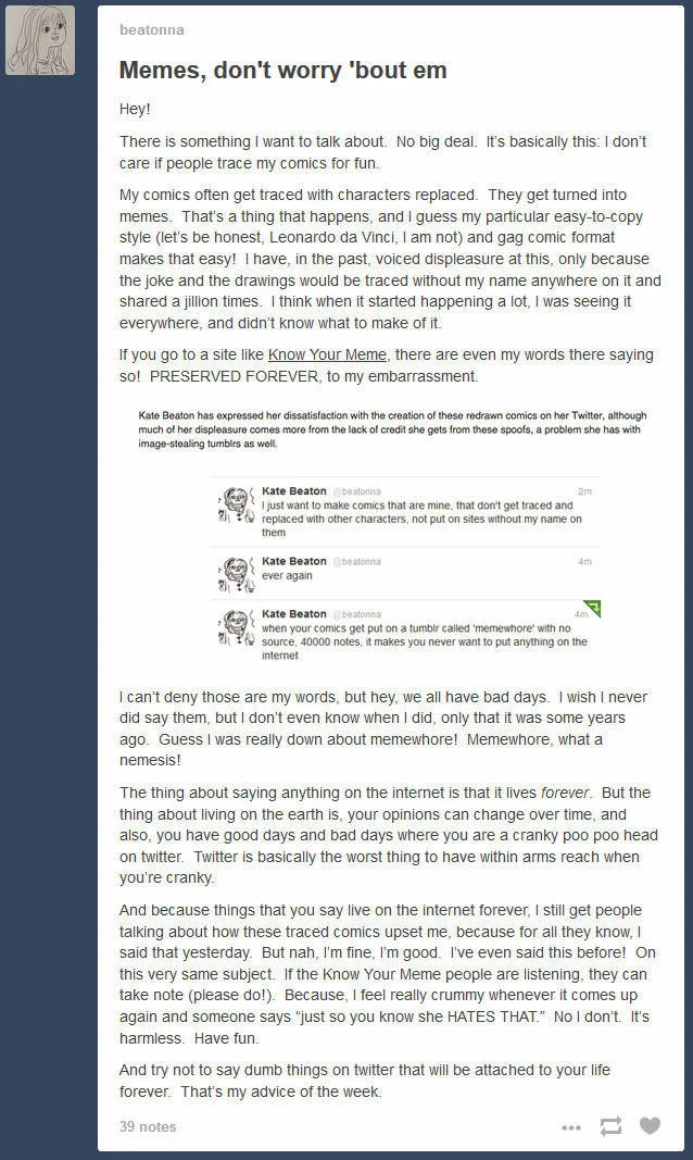 Kate Beaton's Tumblr post reversing her earlier position and telling fans she is fine with her comics being traced and turned into memes.