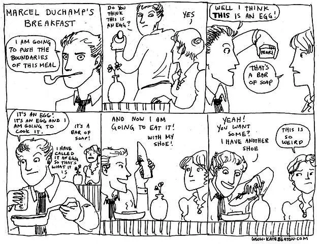 'Marcel Duchamp's Breakfast,' a representative Hark! A Vagrant strip poking fun at Dadaism, signed www.katebeaton.com.