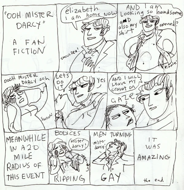 'Ooh Mister Darcy,' a Hark! A Vagrant strip parodying romantic Pride and Prejudice fan fiction.