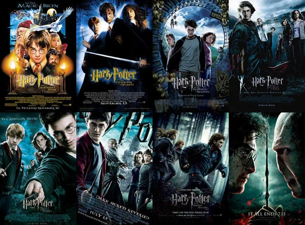 Theatrical posters from the eight-film Harry Potter movie series produced by Warner Bros.