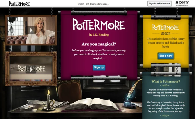 The Pottermore website, J.K. Rowling's official interactive Harry Potter platform launched by Sony.