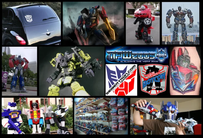 A collage highlighting the Transformers fandom, one of Hasbro's most enduring toy and media franchises.