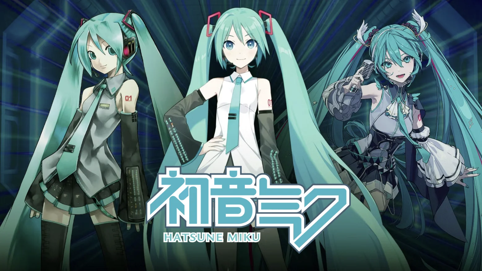 Hatsune Miku, the iconic turquoise-haired Vocaloid mascot, shown across multiple design iterations by Crypton Future Media.