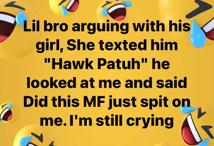A copypasta-style joke image riffing on the 'Hawk Tuah' onomatopoeia as a mistaken spit sound.