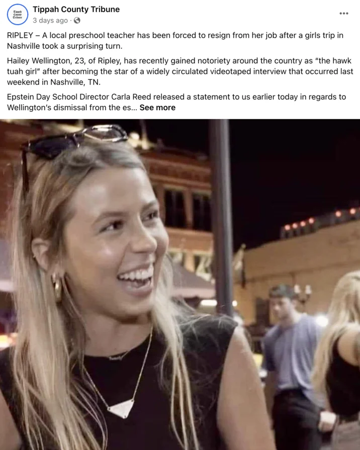 A widely shared (and later disputed) news post alleging the Hawk Tuah girl lost her teaching job over the viral clip.