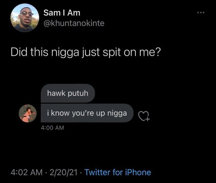 An early tweet playing on the 'hawk tuah' phrase as an onomatopoeia for spitting.