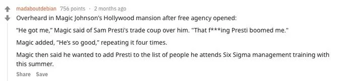 Reddit post extending He Boomed Me to Magic Johnson trade scenario.