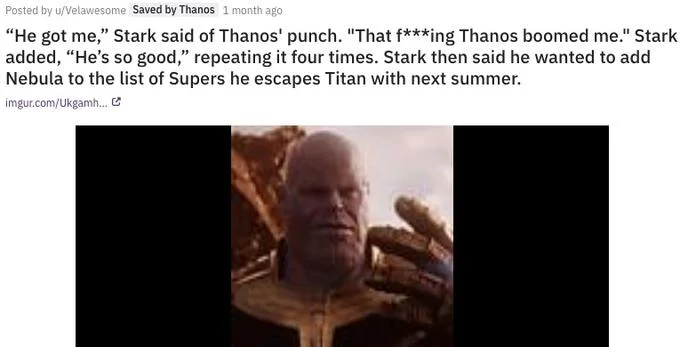 He Boomed Me combining copypasta with visual Thanos meme elements.