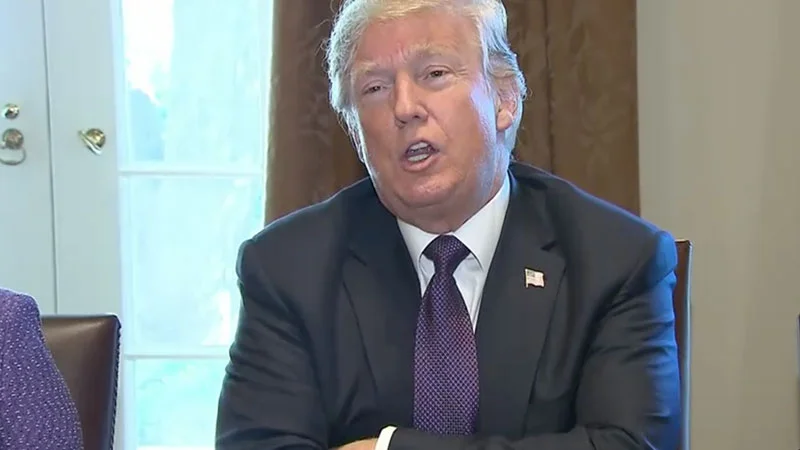Donald Trump speaking to reporters, the video still commonly used to represent his controversial condolence call to a fallen soldier's widow.
