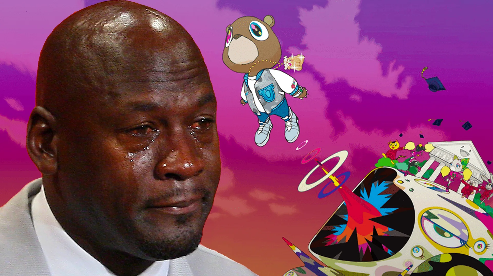 The primary cover image for the 'He Made Graduation' meme, combining the Crying Jordan reaction with Kanye West's Graduation album artwork.