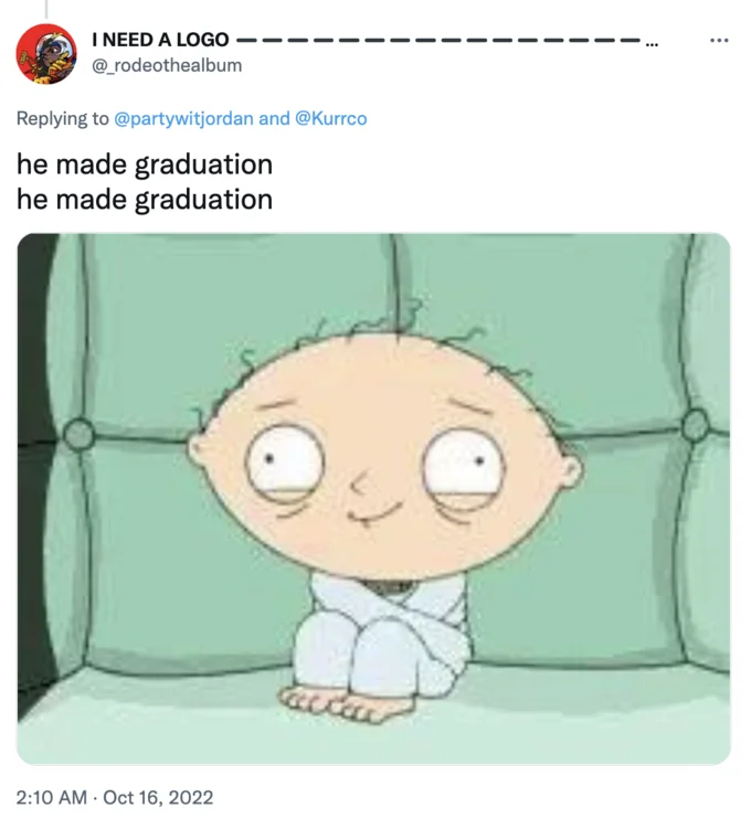 A meme depicting the obsessive, repeated use of the 'He made graduation' phrase as a mantra by Kanye West defenders.