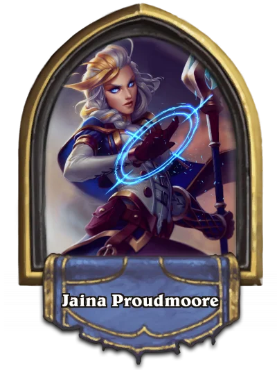 A visual showing Jaina Proudmoore's hero health being buffed from 30 to 35 in Hearthstone.