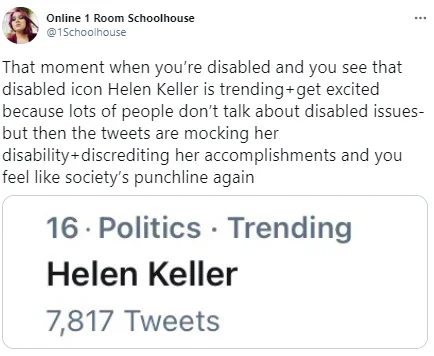 Disabled community reaction to Helen Keller Denial trend capturing real-world harm.