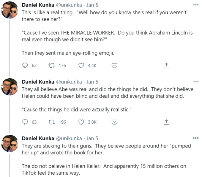 Kunka documenting specific Helen Keller denial arguments from TikTok.