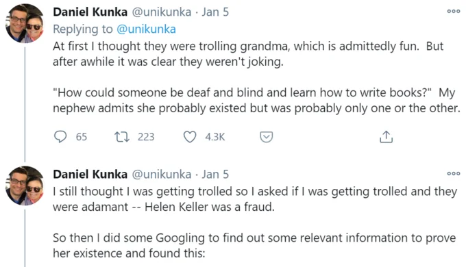 Kunka's continued account of family members denying Helen Keller.