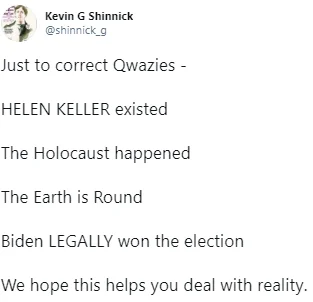 Satirical counter-reaction post debunking Helen Keller denial.