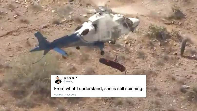 The viral image at the heart of the meme: an Arizona rescue helicopter with its spinning tethered basket, paired with the tweet that helped launch the joke.