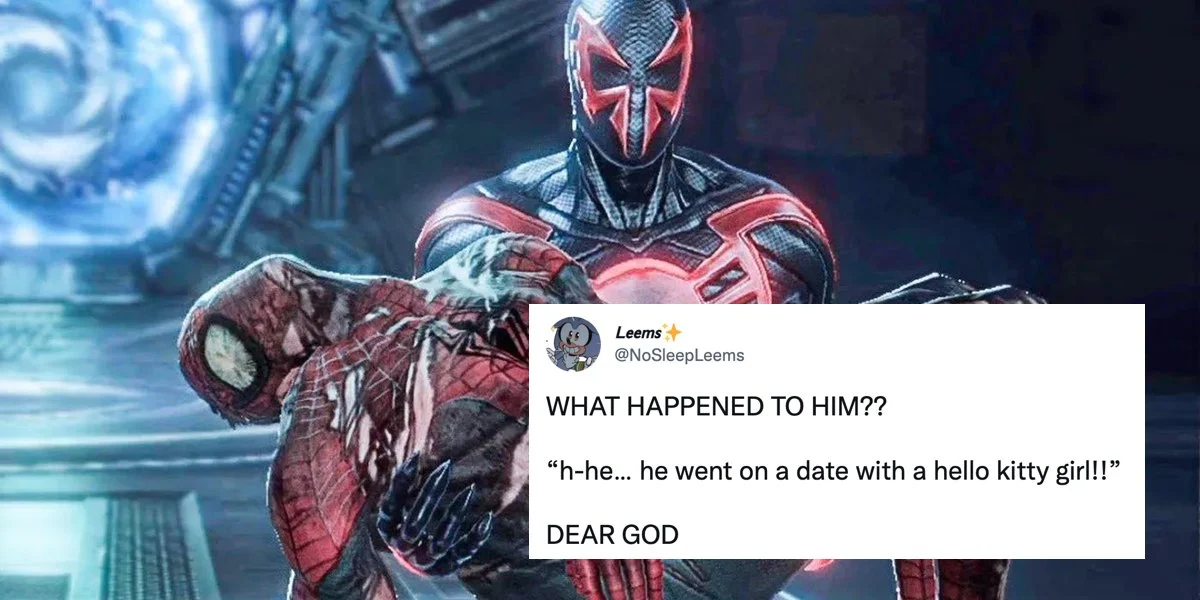 A viral tweet by @NoSleepLeems pairs a Spider-Man 2099 image with the punchline that establishes the 'hello kitty girl' as a dangerous romantic archetype.