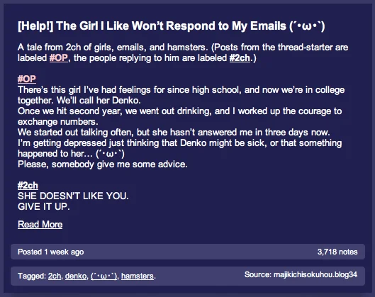 A Tumblr recap summarizing the thread's OP plea and the harsh 2ch responses.