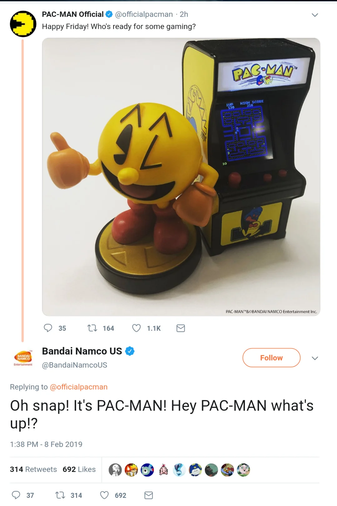 Official Twitter accounts for PAC-MAN and Bandai Namco US inadvertently echoing the meme's catchphrase style in a 2019 exchange.