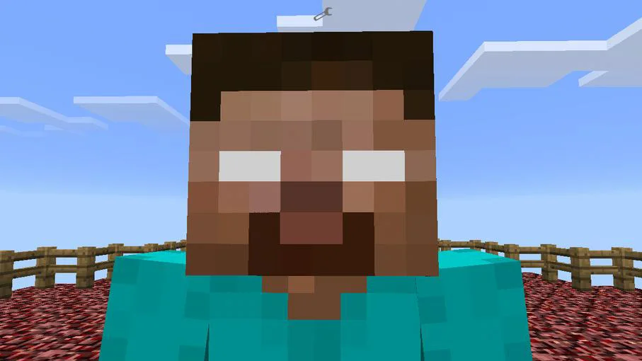 Herobrine, the mythical Minecraft entity, identical to the default Steve skin except for his signature blank, glowing white eyes.