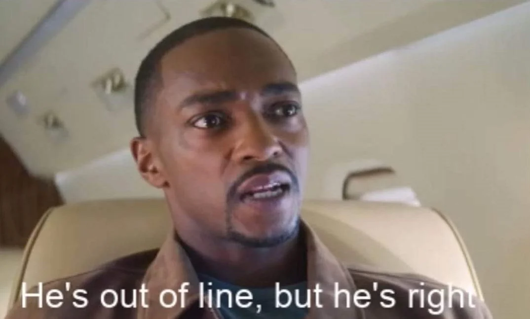 The source screenshot of Sam Wilson from The Falcon and the Winter Soldier that spawned the 'He's out of line, but he's right' meme format.