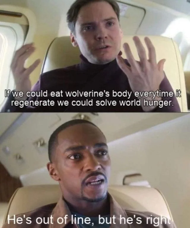 A Wolverine-themed variant of the meme in which Zemo proposes a bizarre solution to world hunger.