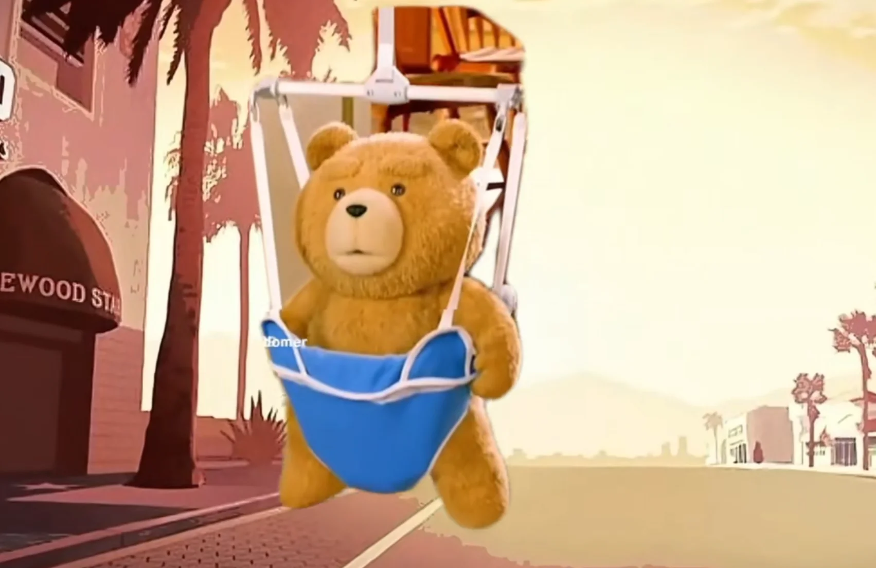 A still from the viral video featuring Ted the bear in a baby jumper, associated with the 'Hey, Can I Have This, Ted?' meme.