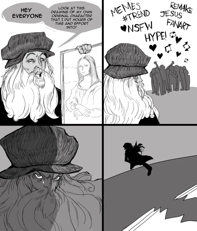 A dramatic Leonardo da Vinci and Mona Lisa remix of the Bluebottleflyer comic that gained traction as a high-effort parody.