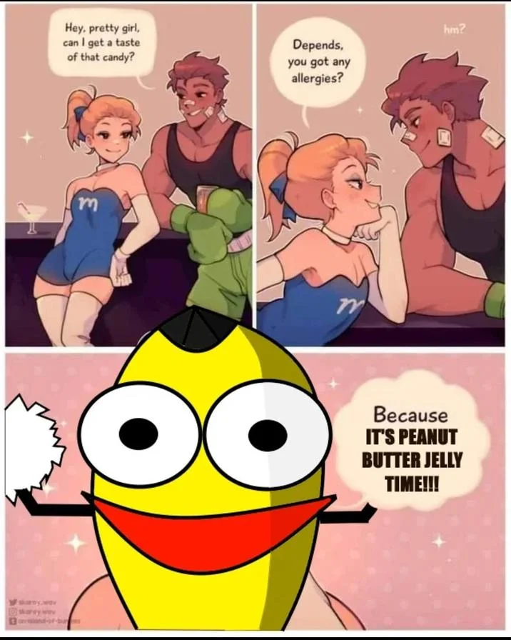 Crossover meme variant replacing reveal with Peanut Butter Jelly Time.