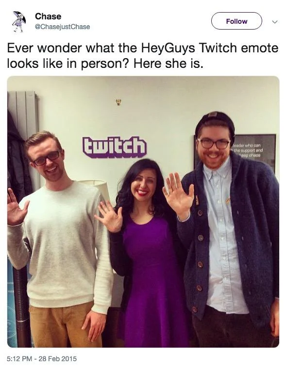 A viral 2015 tweet revealing the person behind the HeyGuys Twitch emote, posing with fans at Twitch HQ.