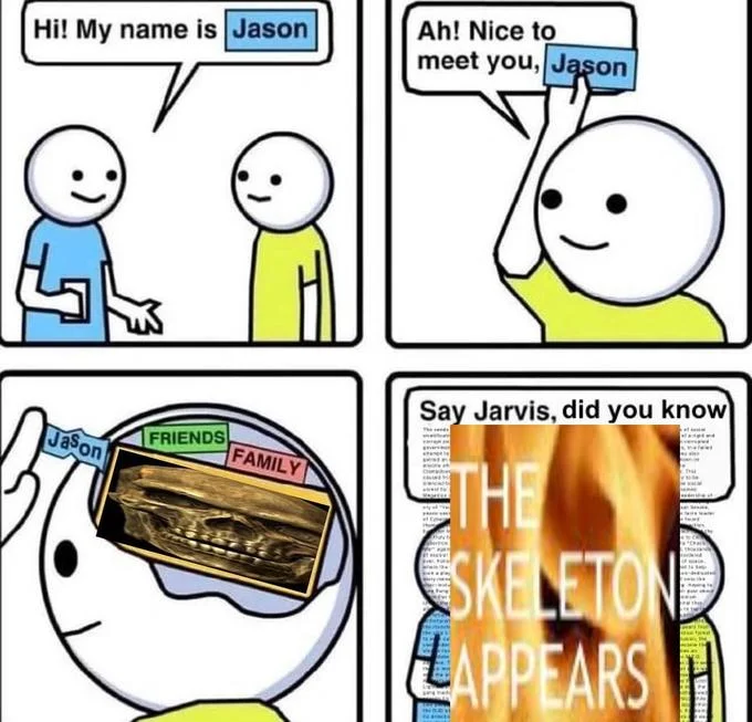Meta-meme stacking Jason and Skeleton Appears formats together.
