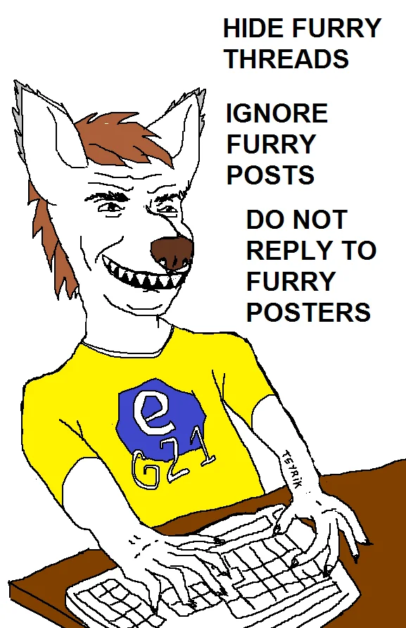 The furry-fandom variant of the 'Hide X Threads' meme, featuring an anthropomorphic wolf in an e621 shirt.