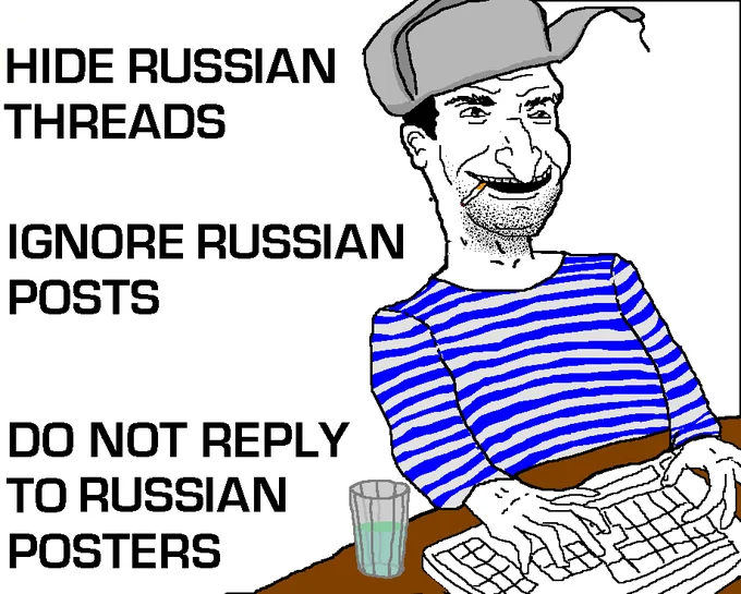 The Russian nationalist variant of the 'Hide X Threads' meme, depicting a stereotyped Russian character in a telnyashka.