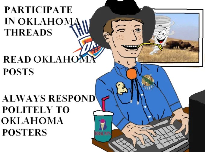 An inverted, wholesome 'Oklahoma' variant of the meme that flips the format's instructions from hostile to friendly.