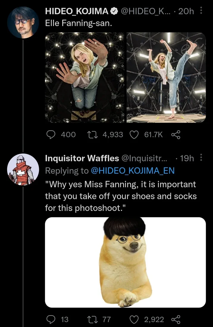 A Twitter reply joke referencing Hideo Kojima's alleged foot fetish, sparked by his post about actress Elle Fanning.