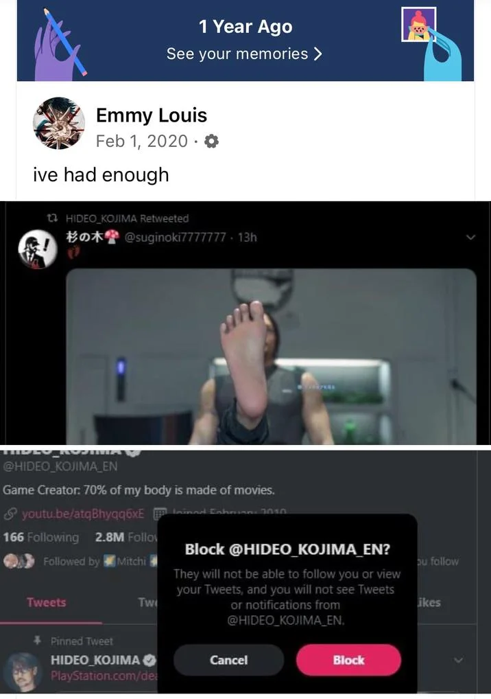 A Facebook memory post joking about reaching a breaking point with Hideo Kojima's frequent foot-related retweets.