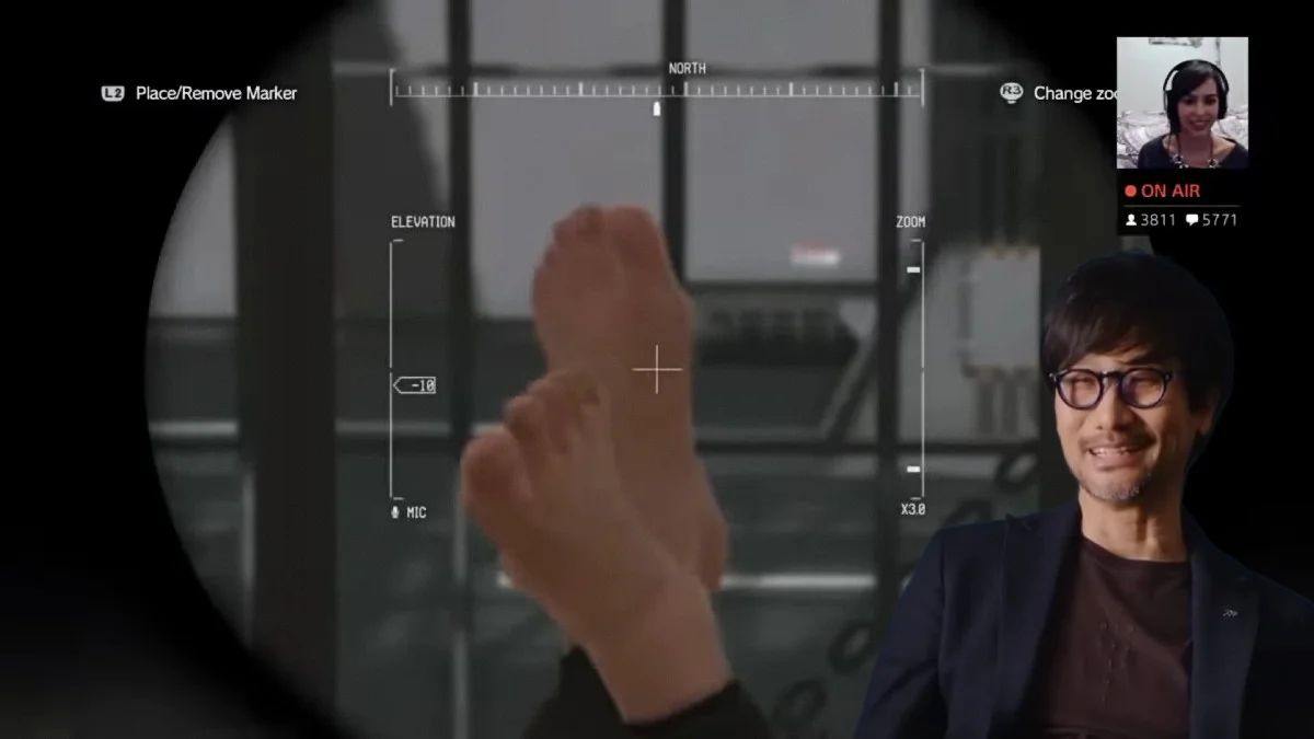 Cover image for the Hideo Kojima feet scans meme, combining the director's likeness with an in-game close-up of feet from Metal Gear Solid V.