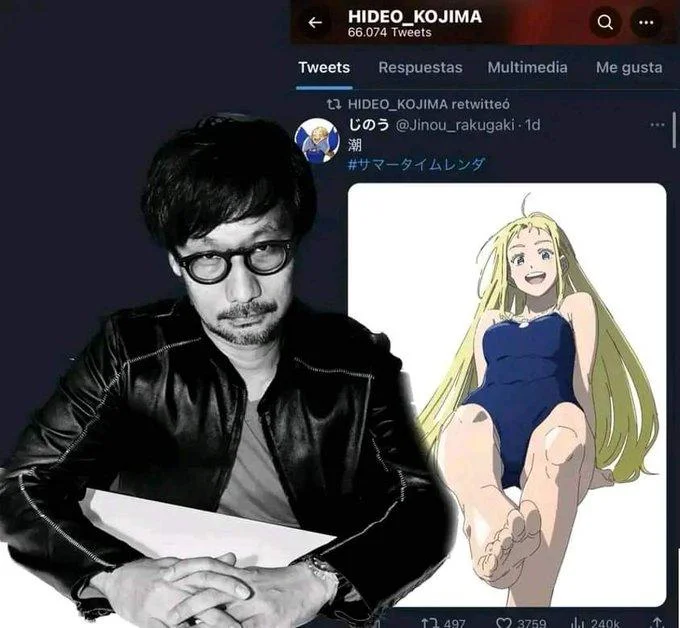 A viral post highlighting Hideo Kojima's tendency to retweet anime art featuring prominent feet.