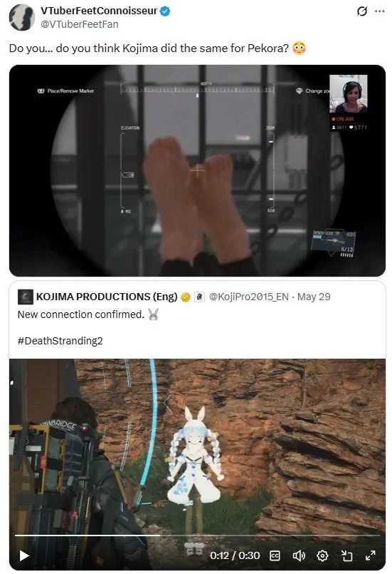 A tweet speculating whether Hideo Kojima's foot-scanning tendencies extended to VTuber Usada Pekora's Death Stranding 2 cameo.